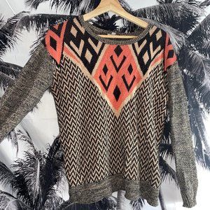 Ecote Vintage 80s 90s Geometric Orange Black Tribal Knit Soft Sweater